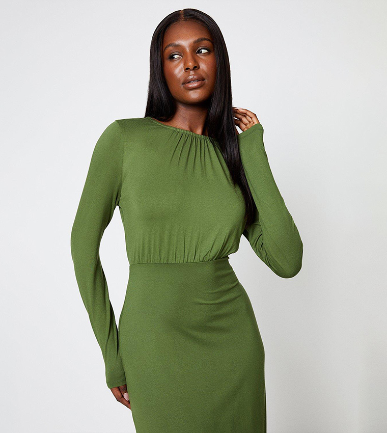 Buy Dorothy Perkins Khaki Gathered Neck Midi Dress In Khaki