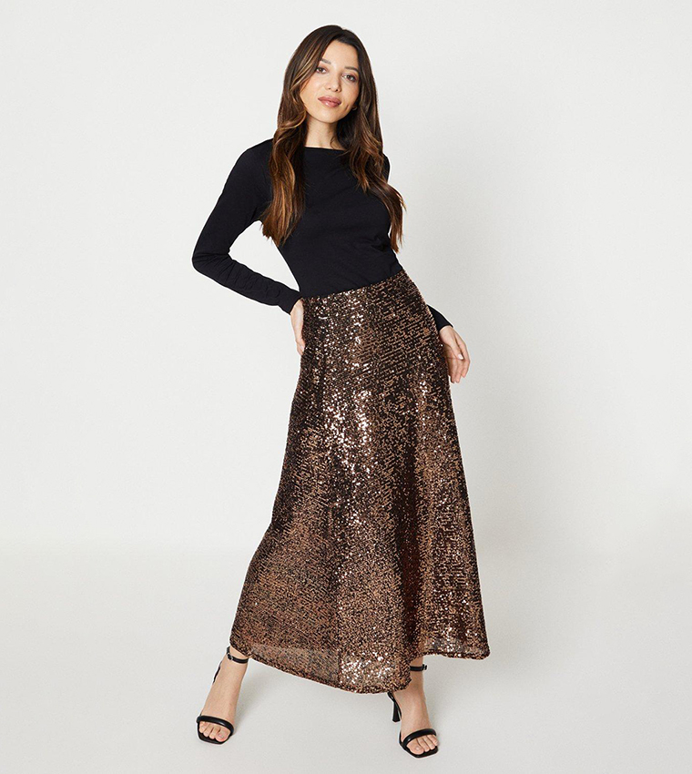 Buy Dorothy Perkins Sequin Midi Skirt In Gold 6thStreet Kuwait