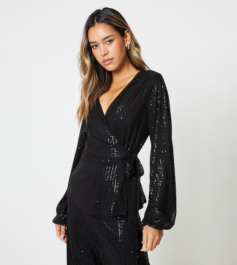 Sequin Tie Waist Wrap Top