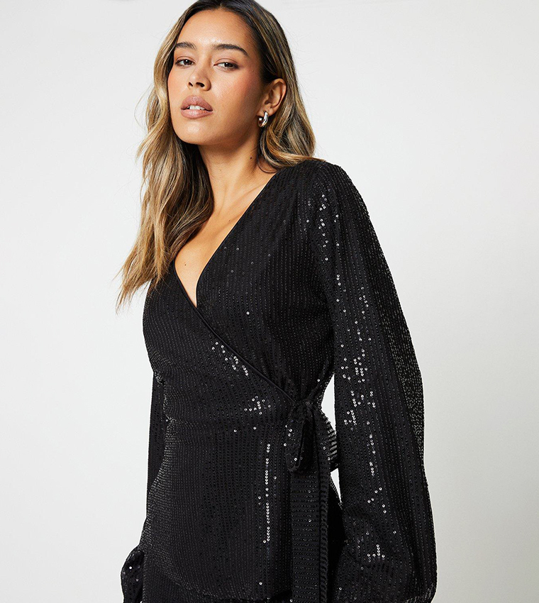 Sequin Tie Waist Wrap Top