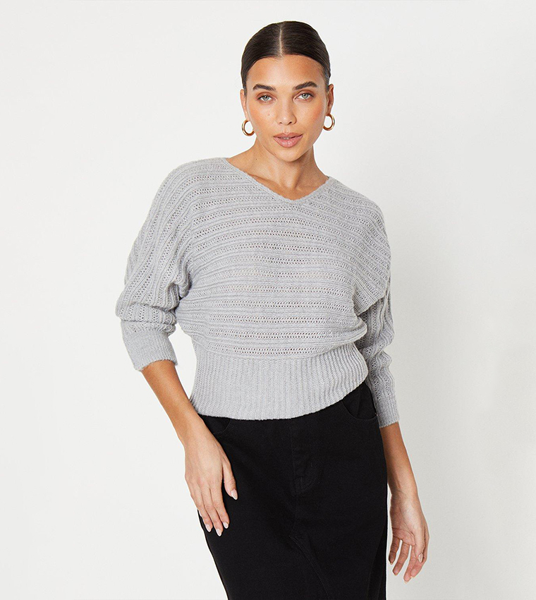 Buy Dorothy Perkins Petite Pointelle Batwing Slash Neck Jumper In Grey 6thStreet Qatar