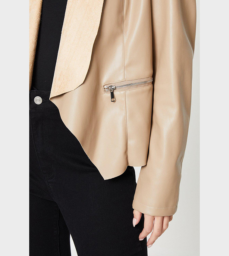 Buy Dorothy Perkins Petite Faux Leather Waterfall Jacket In Taupe 6thStreet Bahrain