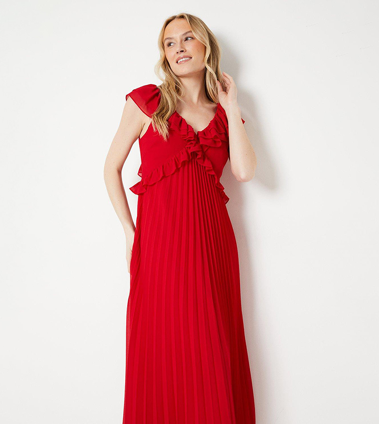 Buy Dorothy Perkins Frill Pleated Chiffon Midi Dress In Red 6thStreet Kuwait