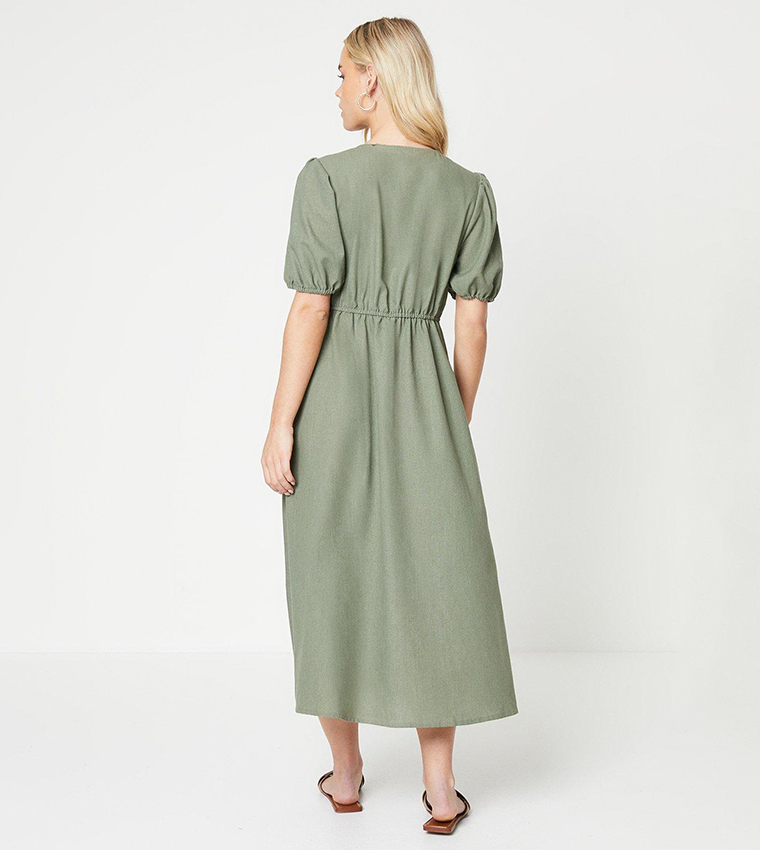 Buy Dorothy Perkins Outlet Petite V Neck Button Through Midi Dress In Sage 6thStreet Oman