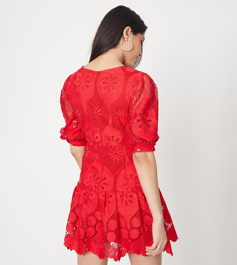 dorothy perkins red lace dress Women's Red Heart Lace Trim Tie Back Printed Mini Dress