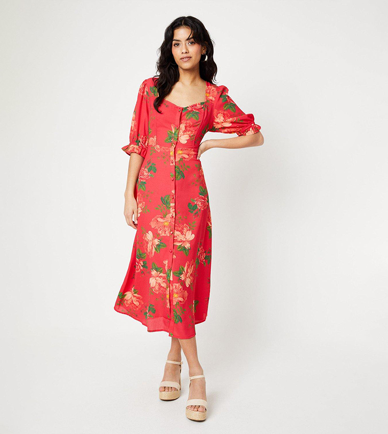 Buy Dorothy Perkins Petite Floral Print Button Through Midi Dress In Red 6thStreet Bahrain