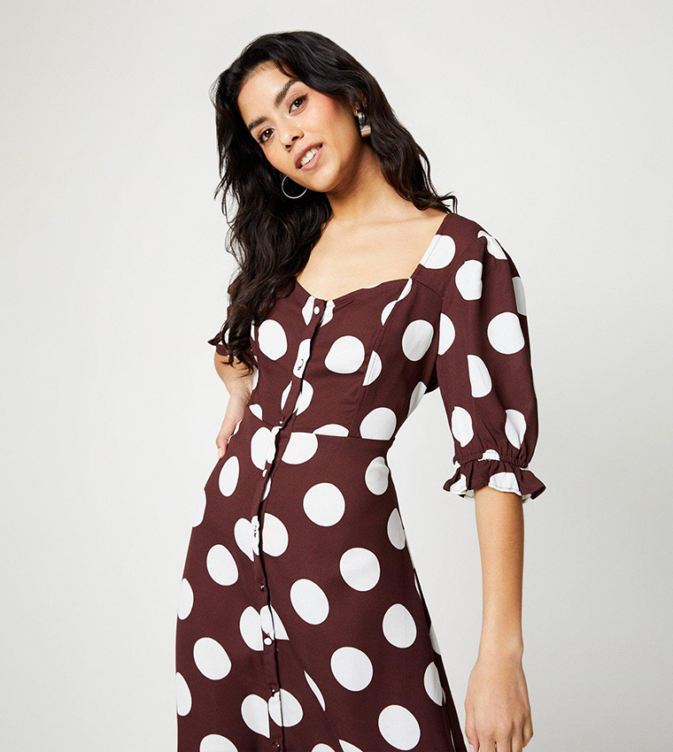 Buy Dorothy Perkins Petite Polka Dots Button Through Midi Dress In Brown 6thStreet UAE