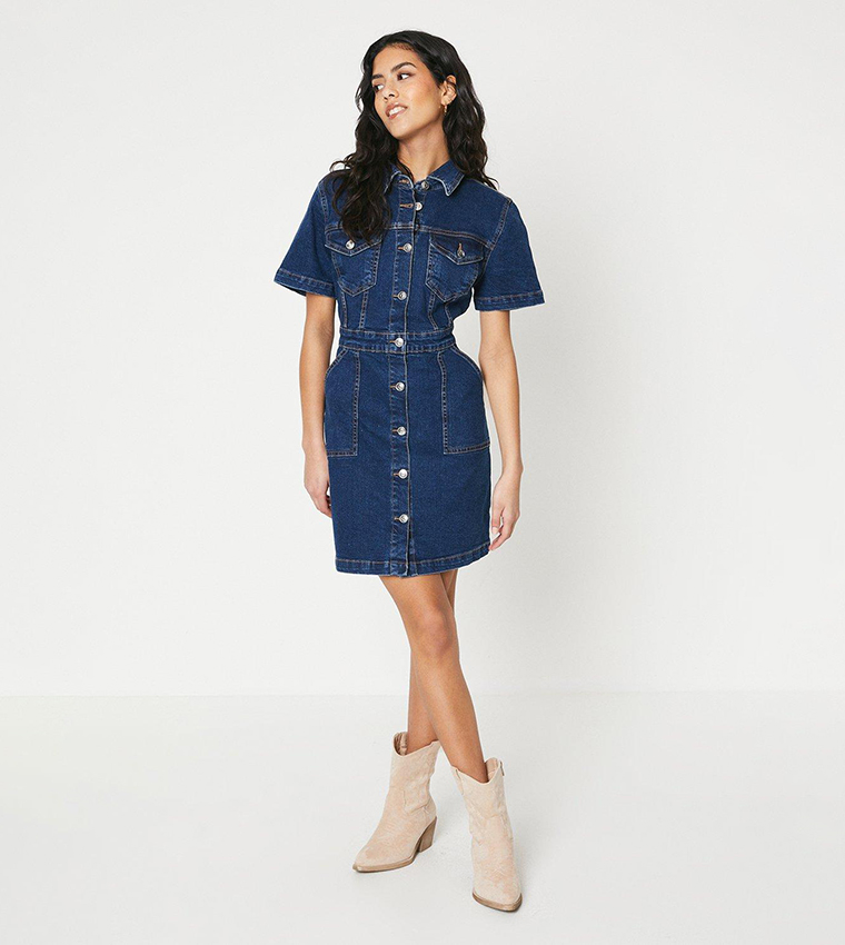 Petite Short Sleeves Denim Mini Dress