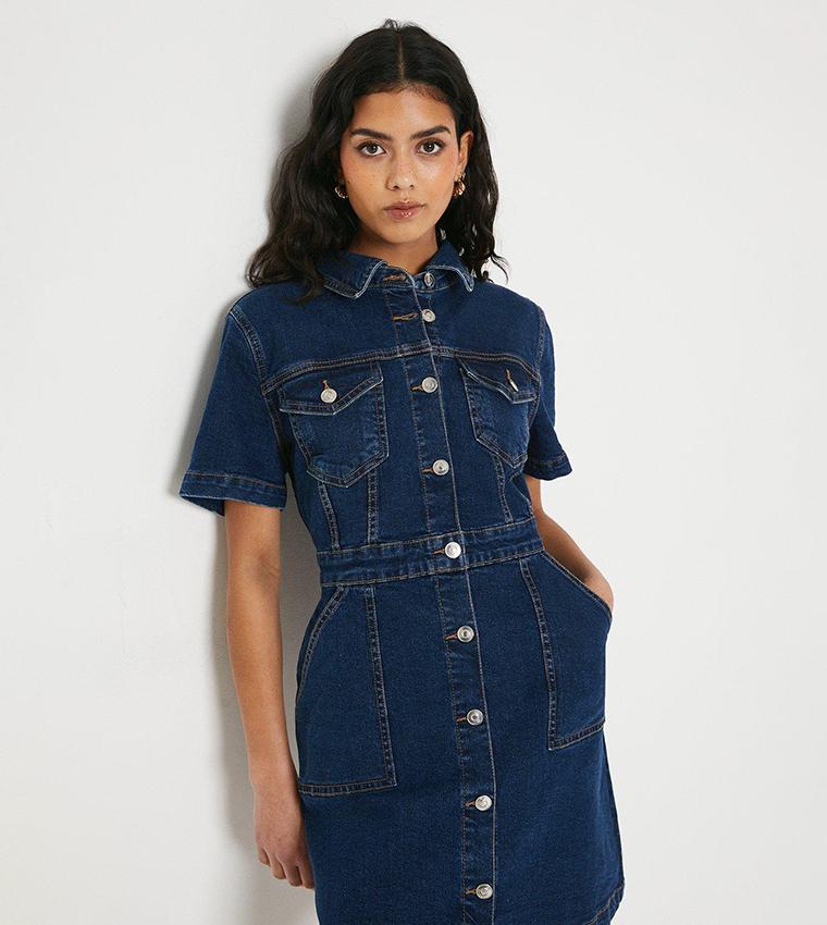 Petite Short Sleeves Denim Mini Dress