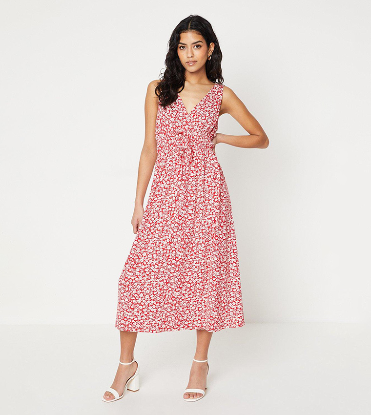 Petite Red Ditsy Channel Waist Midi Dress