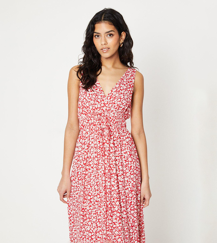 Petite Red Ditsy Channel Waist Midi Dress