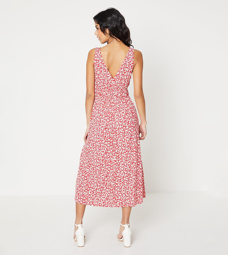 Petite Red Ditsy Channel Waist Midi Dress