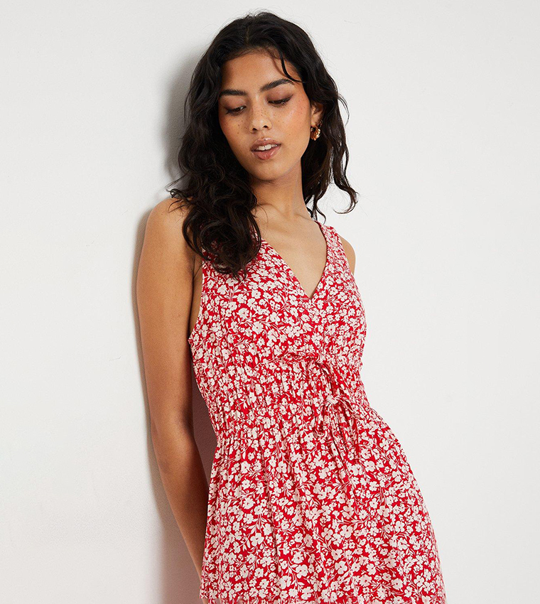 Petite Red Ditsy Channel Waist Midi Dress