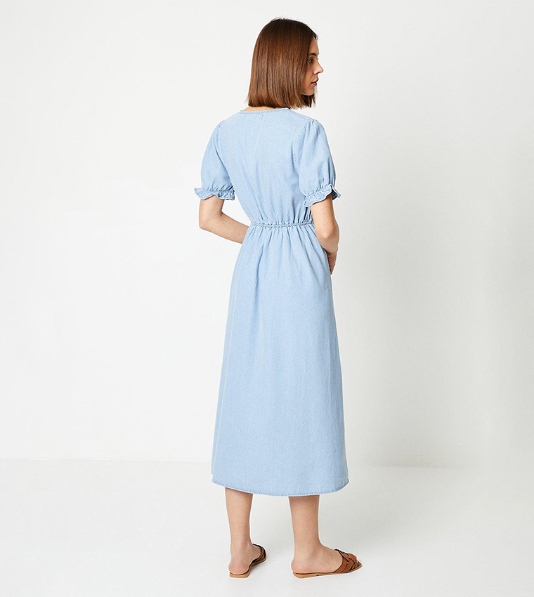 V-Neck Puff Sleeves Denim Midi Dress
