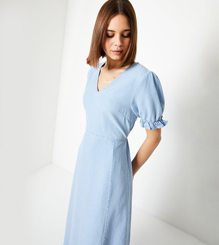 V-Neck Puff Sleeves Denim Midi Dress