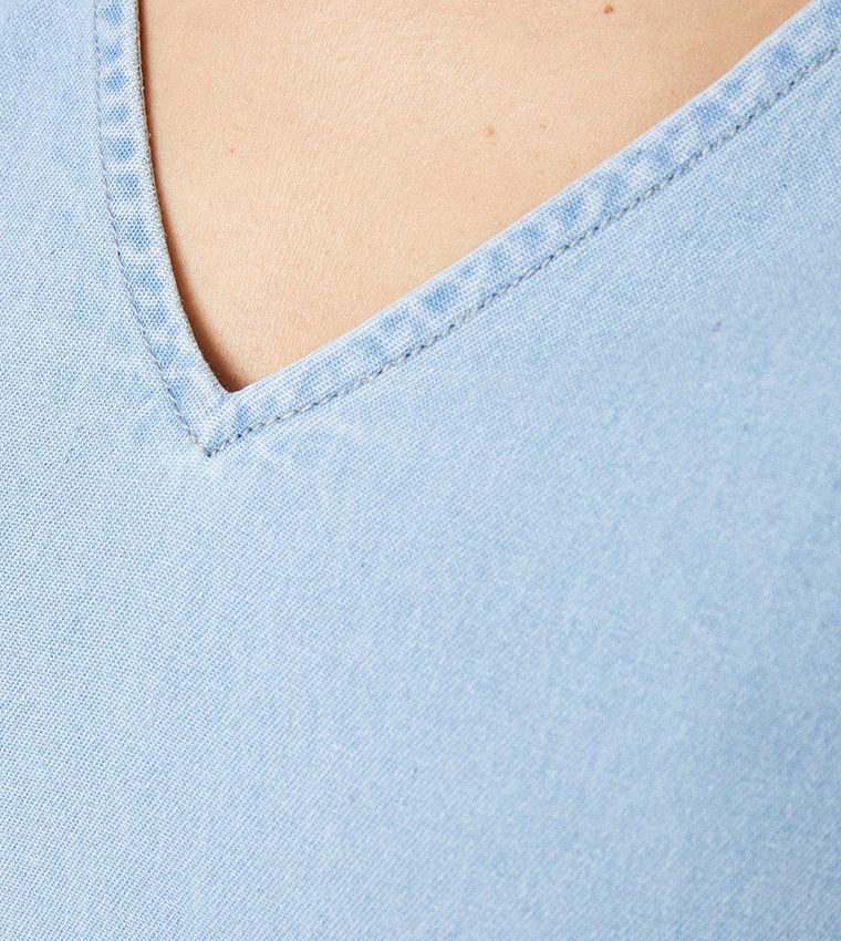 V-Neck Puff Sleeves Denim Midi Dress