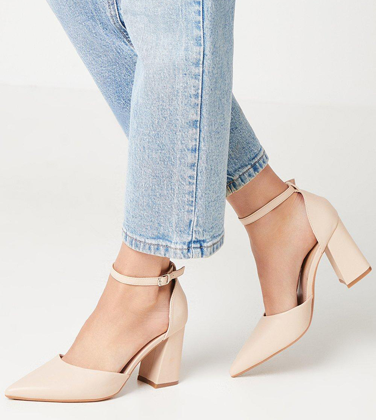 Blanche Ankle Strap Pointed High Block Heel Pumps