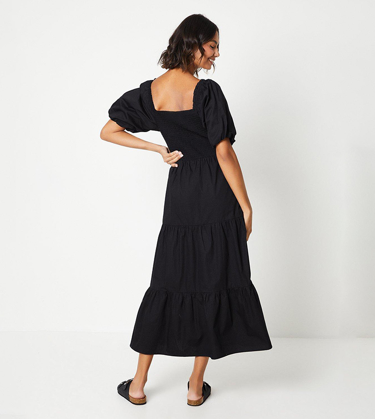 Buy Dorothy Perkins Puff Sleeves Shirred Bodice Midi Dress In Black ...