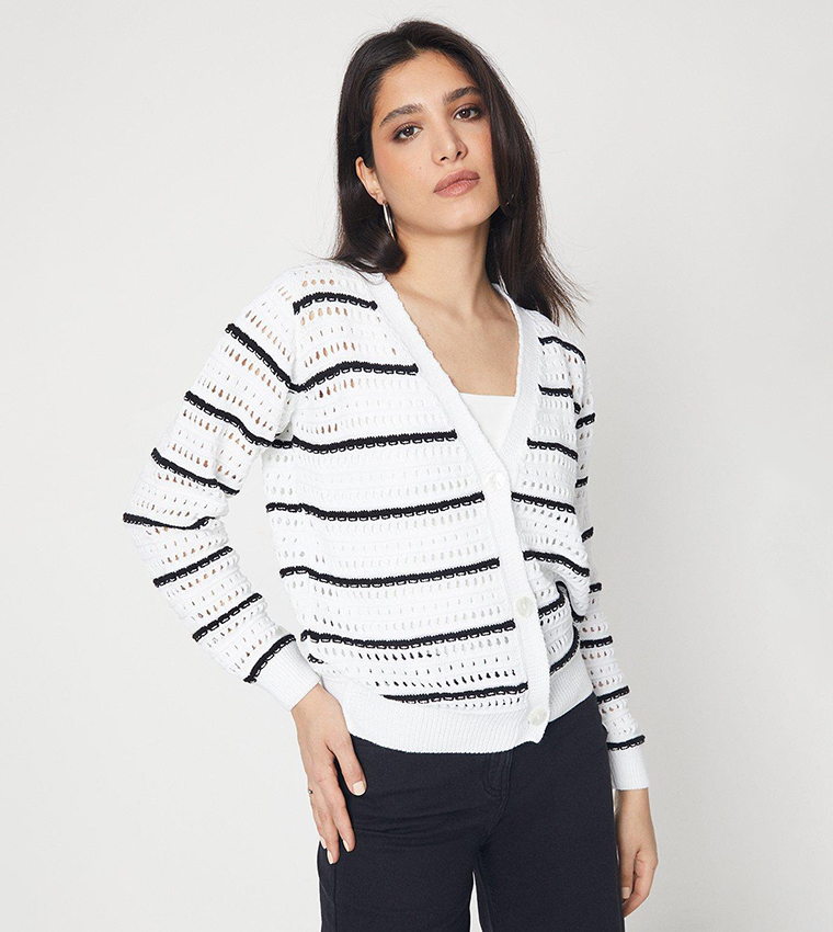 Buy Dorothy Perkins Striped Stitch Detail Button Cardigan In White 6thStreet Qatar