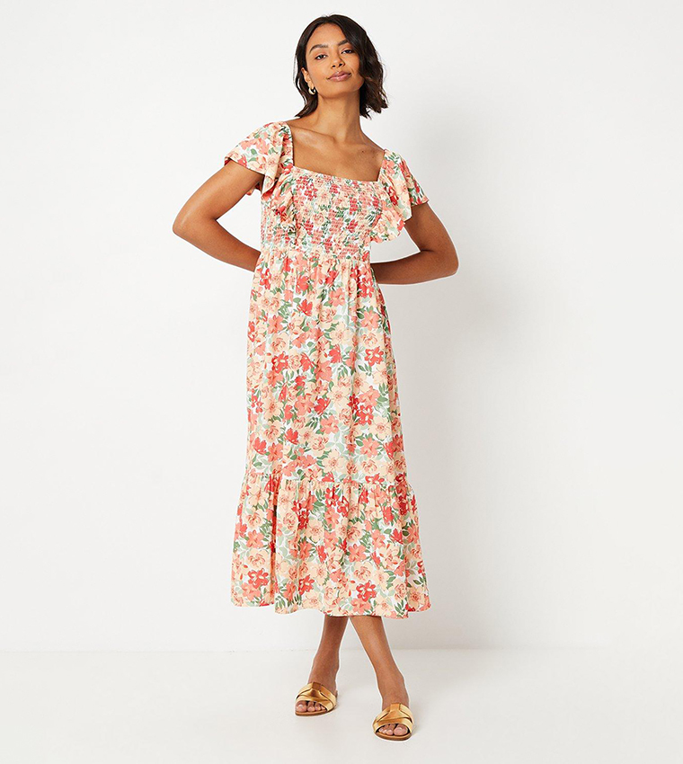 Buy Dorothy Perkins Floral Shirred Bodice Ruffle Sleeves Midi Dress In White  | 6thStreet Kuwait