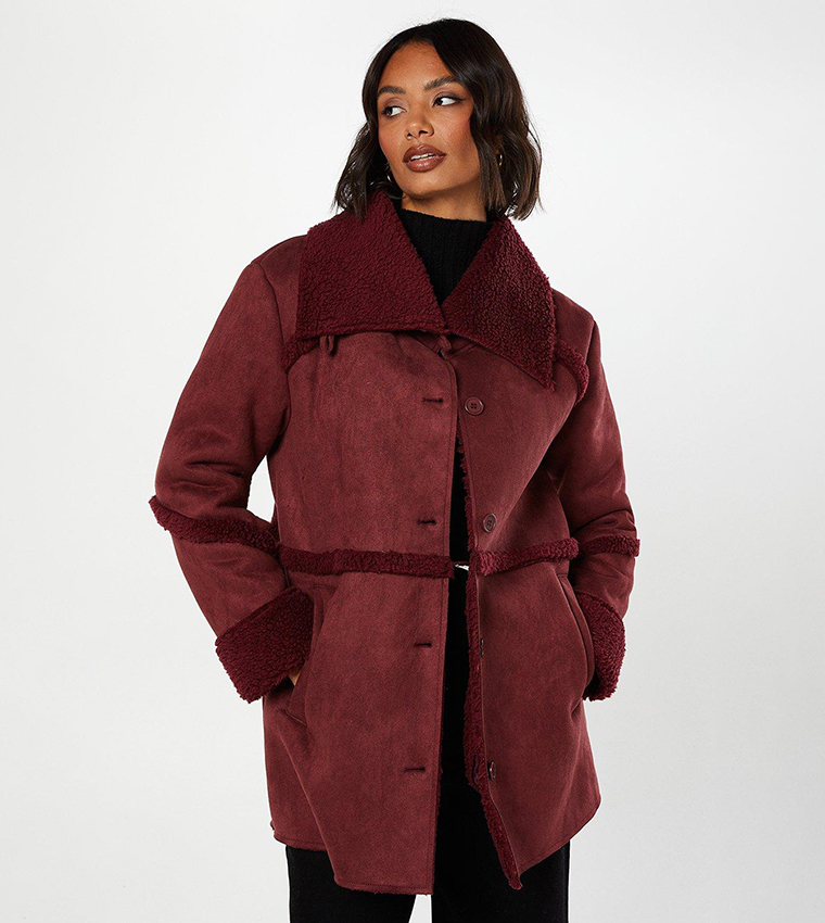 Buy Dorothy Perkins Suede Shearling Long Sleeves Coat In Red 6thStreet Bahrain