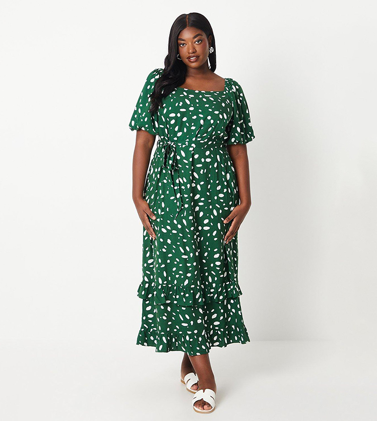 Buy Dorothy Perkins Curve Abstract Print Frill Hem Midi Dress In Green 6thStreet Kuwait