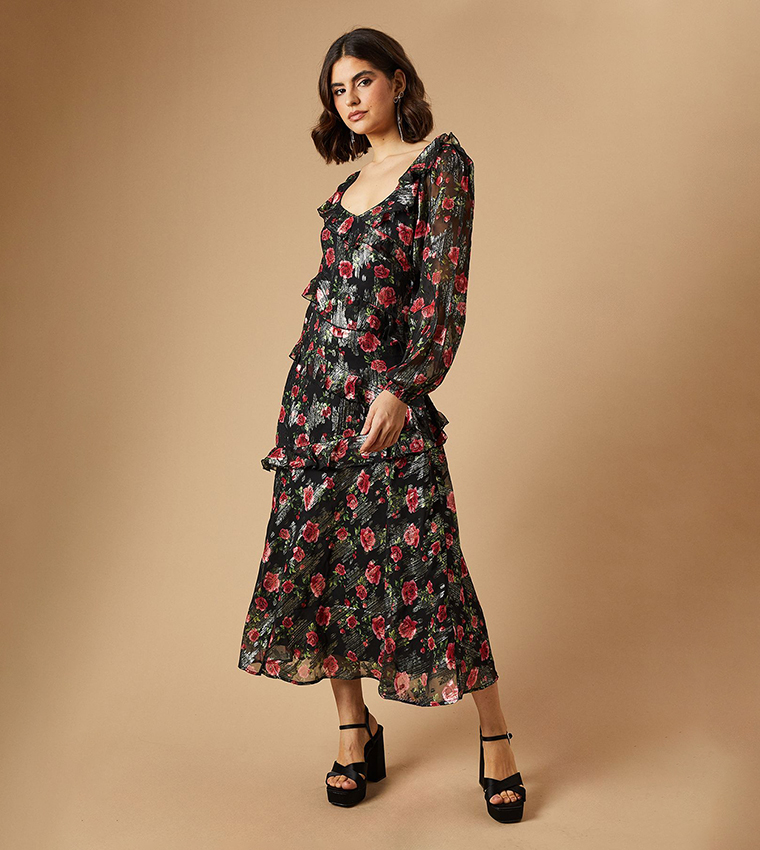 Floral Printed Ruffle Long Sleeves Midi Dress