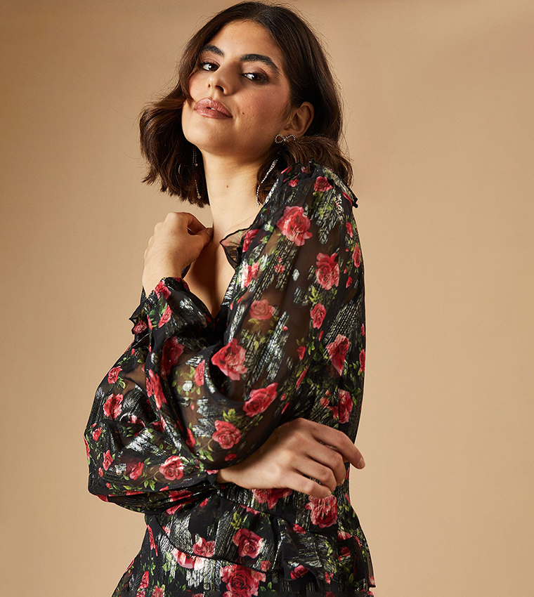 Floral Printed Ruffle Long Sleeves Midi Dress