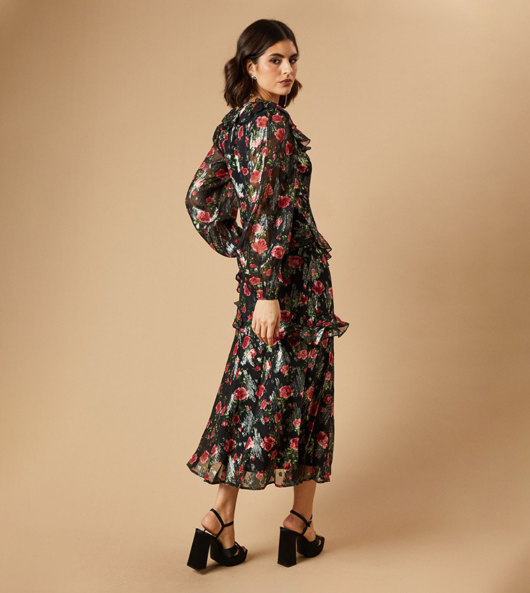 Floral Printed Ruffle Long Sleeves Midi Dress