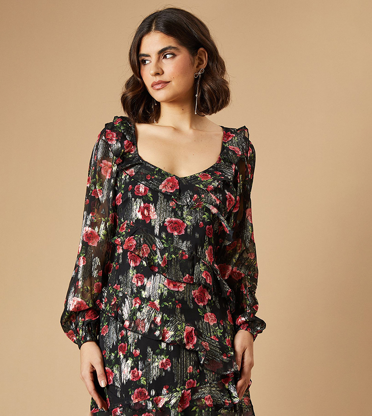Floral Printed Ruffle Long Sleeves Midi Dress