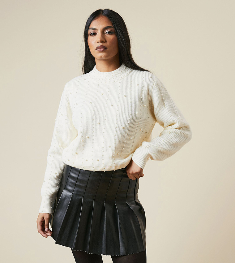 Buy Dorothy Perkins Petite Pearl Embellished Sweater In White