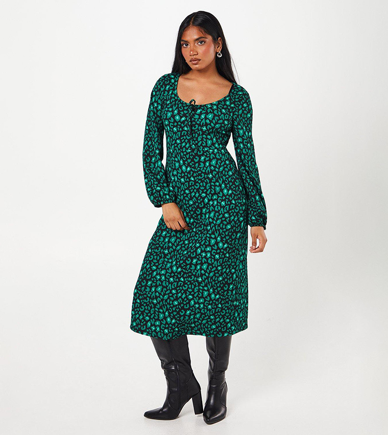 Buy Dorothy Perkins Petite Animal Tie Front Long Sleeves Midi Dress In Green 6thStreet Oman