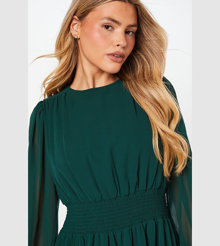 Buy Dorothy Perkins Chiffon Shirred Waist Midi Dress In Green | 6thStreet  Kuwait