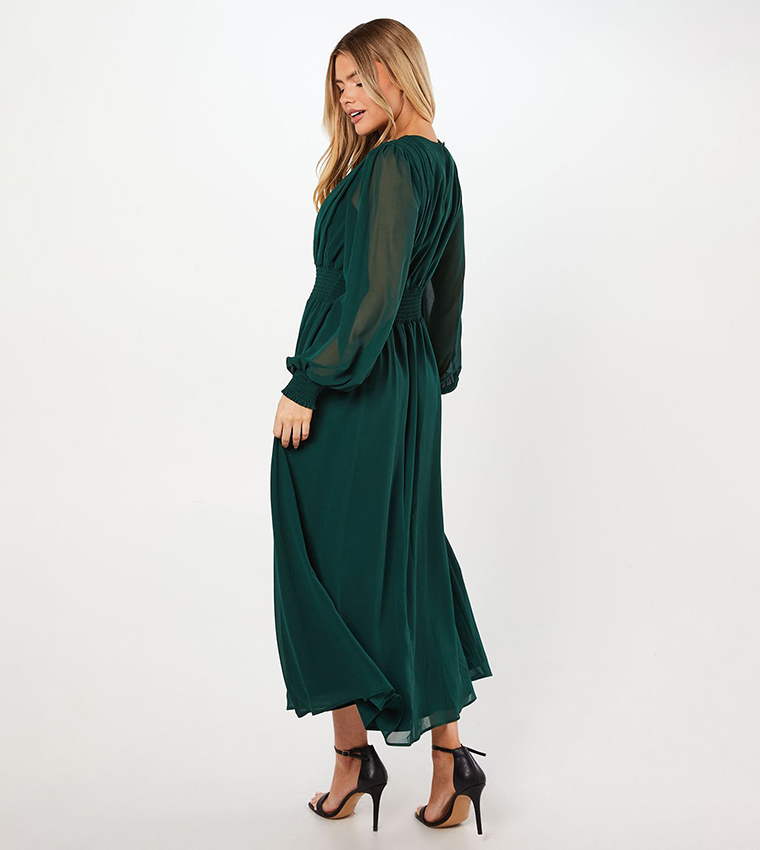 Buy Dorothy Perkins Chiffon Shirred Waist Midi Dress In Green | 6thStreet  Kuwait