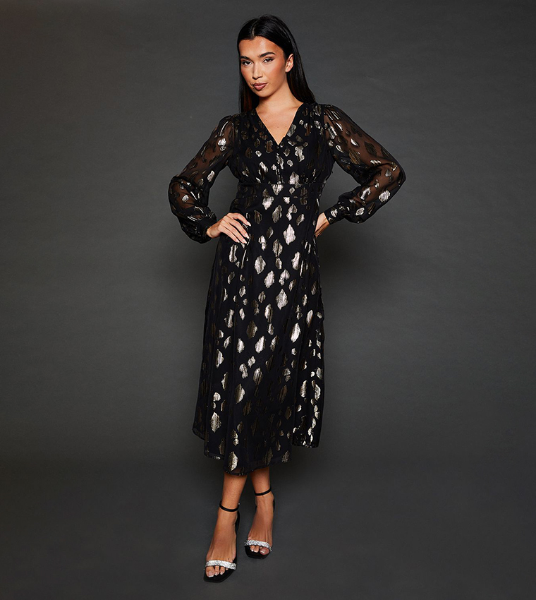 Buy Dorothy Perkins Jacquard Button Front Long Sleeves Midi Dress