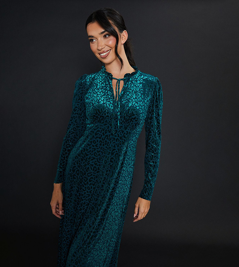 Leopard Patterned Burnout Long Sleeves Midi Dress