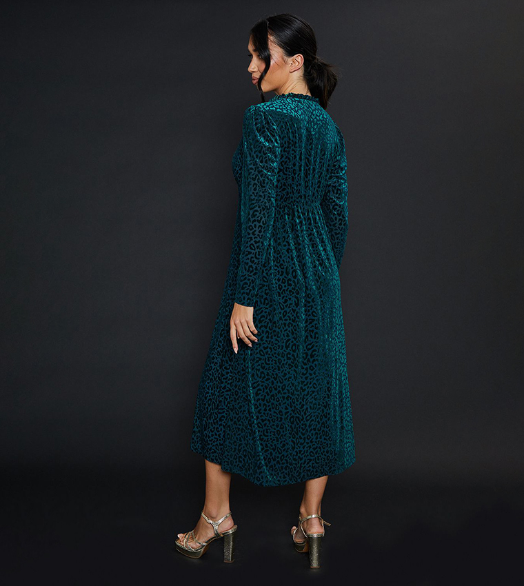 Leopard Patterned Burnout Long Sleeves Midi Dress