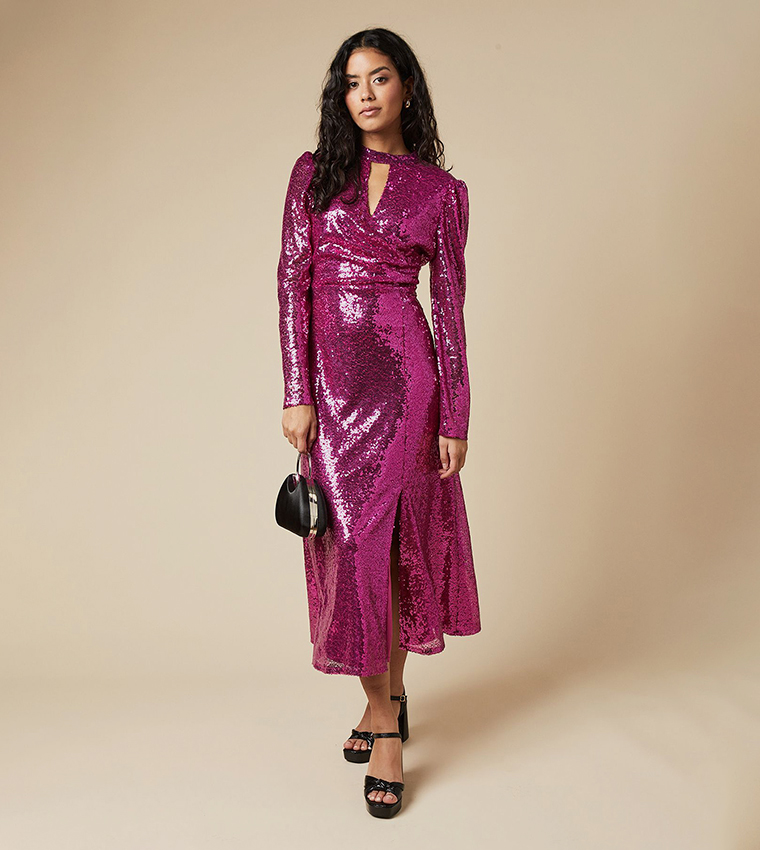Petite Sequined Keyhole Midi Dress