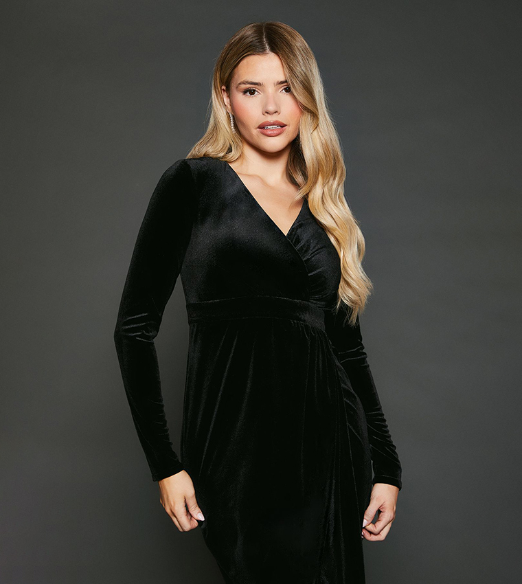 Buy Dorothy Perkins Velvet Wrap Long Sleeves Midi Dress In Black