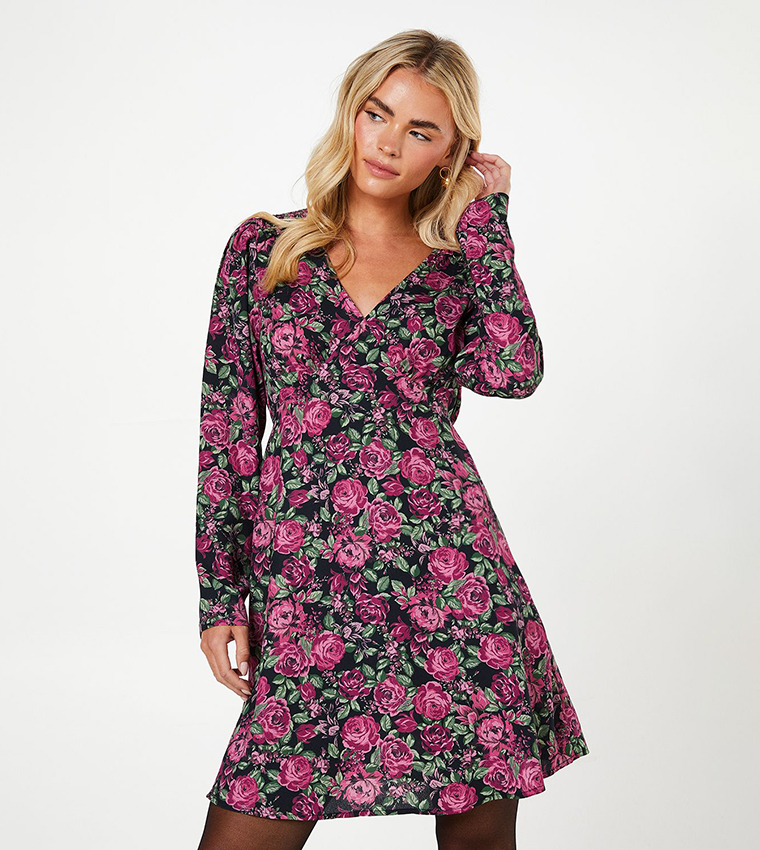 Petite Floral Print Shirred Shoulder Empire Mini Dress