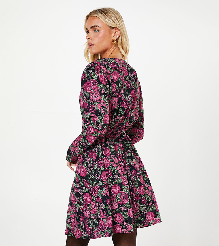 Petite Floral Print Shirred Shoulder Empire Mini Dress