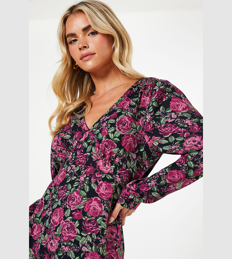 Petite Floral Print Shirred Shoulder Empire Mini Dress