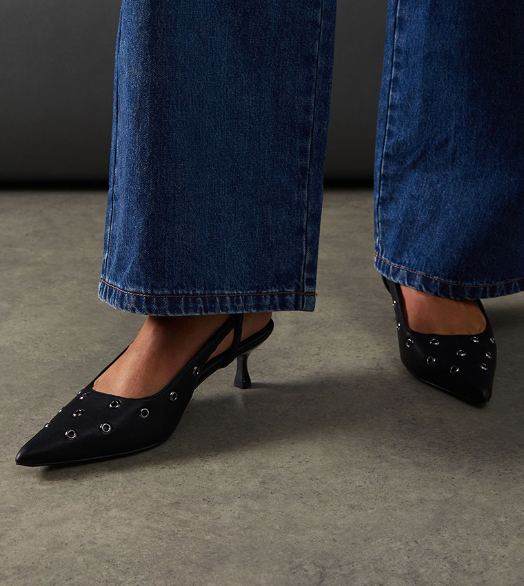 Eyelet Detail Kitten Heel Slingback Pumps