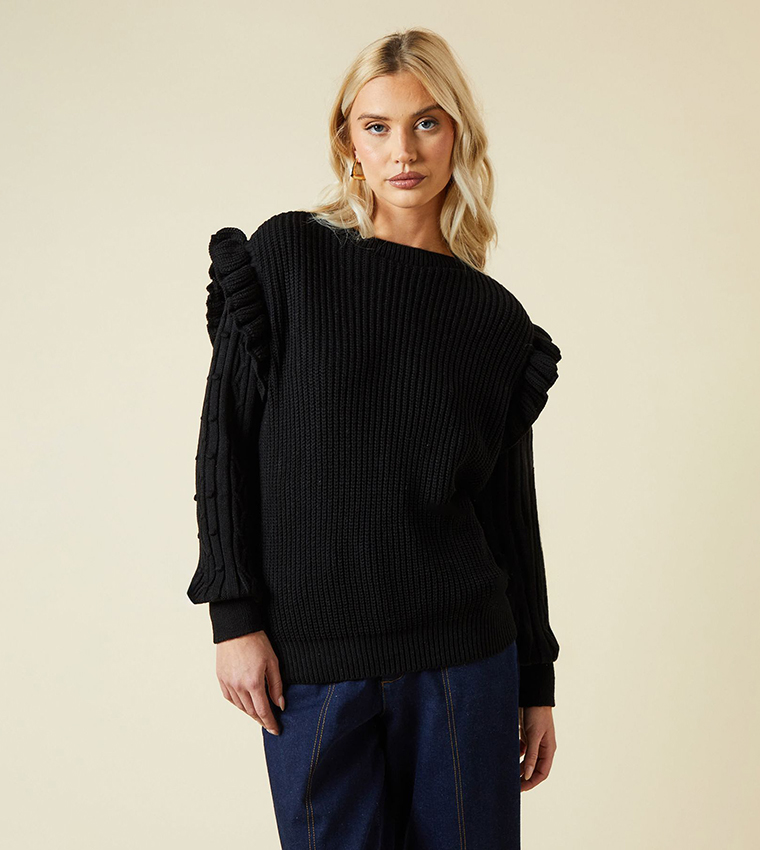 Frill Shoulder Crew Neck Sweater