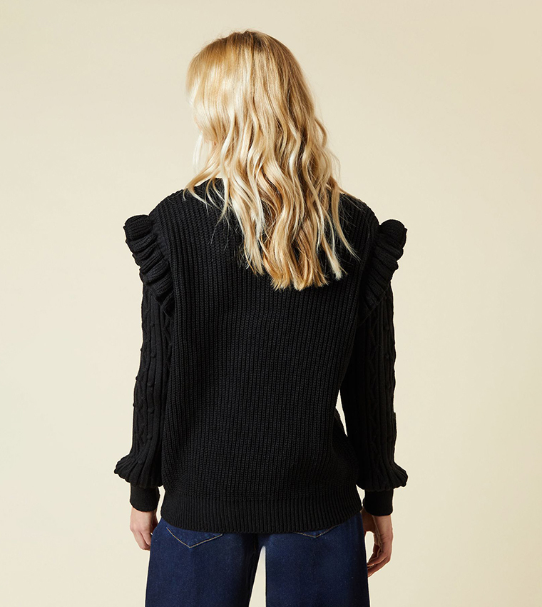Frill Shoulder Crew Neck Sweater