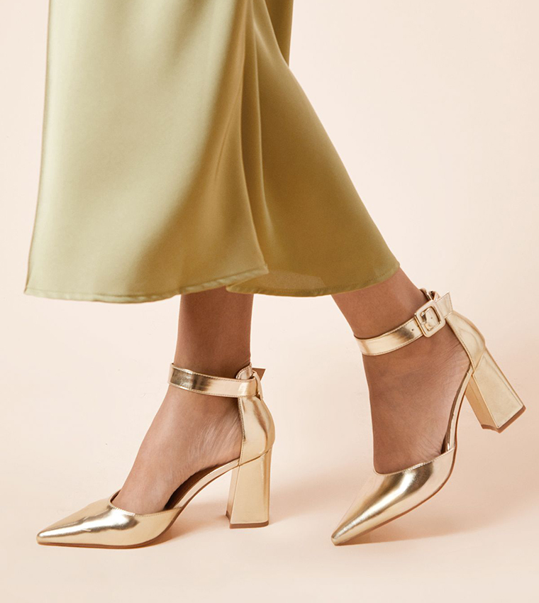 Buy Dorothy Perkins Outlet Ankle Strap Block Heel Pumps In Gold