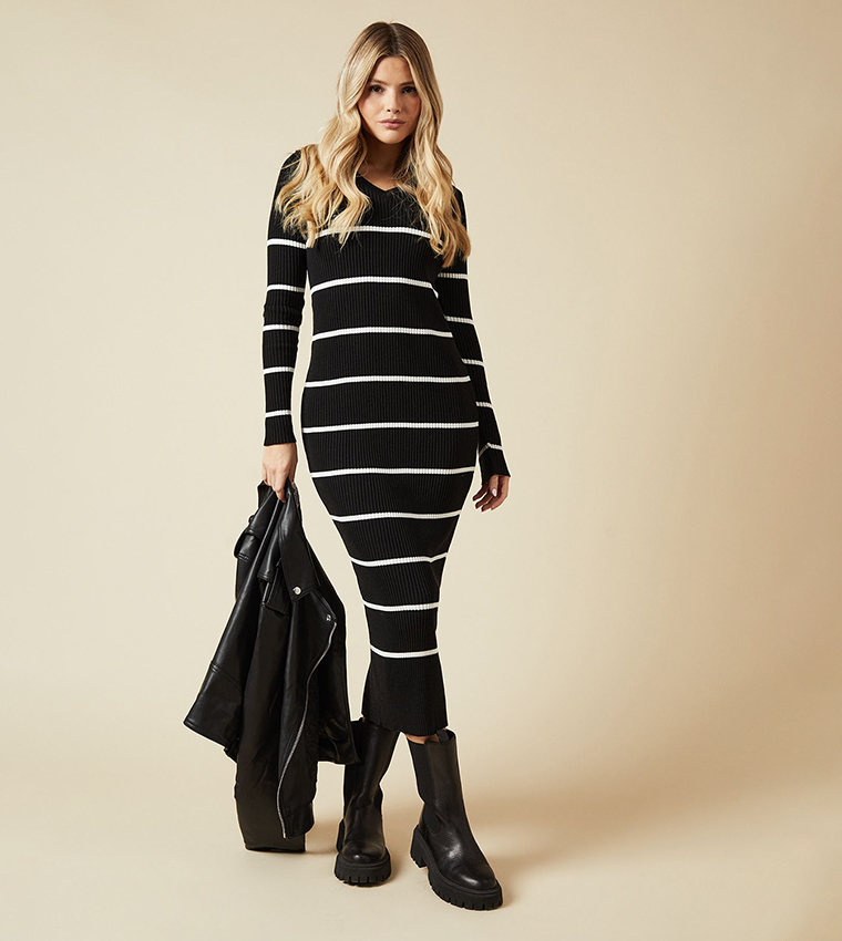 Buy Dorothy Perkins Striped V Neck Bodycon Knitted Midi Dress In Black |  6thstreet Bahrain