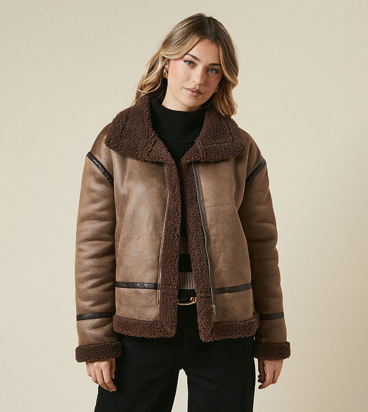 Zip Through Borg Aviator Jacket