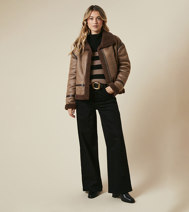 Zip Through Borg Aviator Jacket