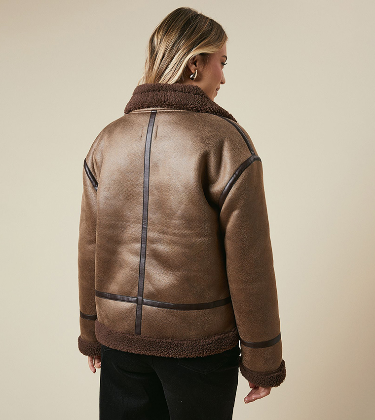 Zip Through Borg Aviator Jacket